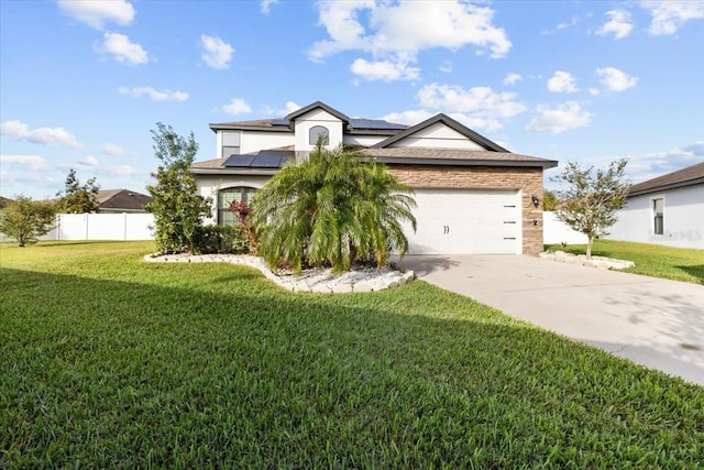 11841 Thicket Wood Dr, Riverview, FL 33579 - view of front facade featuring a front yard, solar panels, an attached garage, fence, and concrete driveway