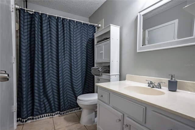 1916 River Crossing Dr, Valrico, FL 33596 - bathroom with a shower with curtain, a textured ceiling, toilet, tile patterned flooring, and vanity