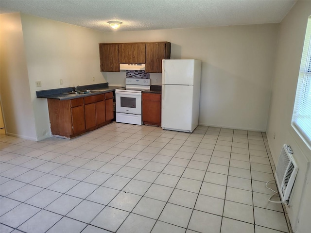 2810 Anthony St, Tampa, FL 33619 - kitchen with white appliances, a textured ceiling, dark countertops, under cabinet range hood, and a sink
