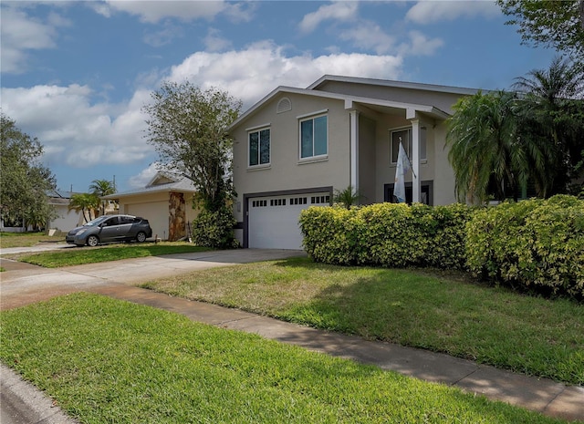 view of front facade with concrete driveway, a garage, stucco siding, and a front lawn