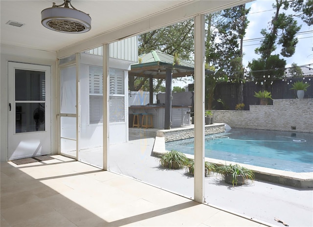 view of swimming pool with a fenced backyard, a gazebo, a patio, and a fenced in pool