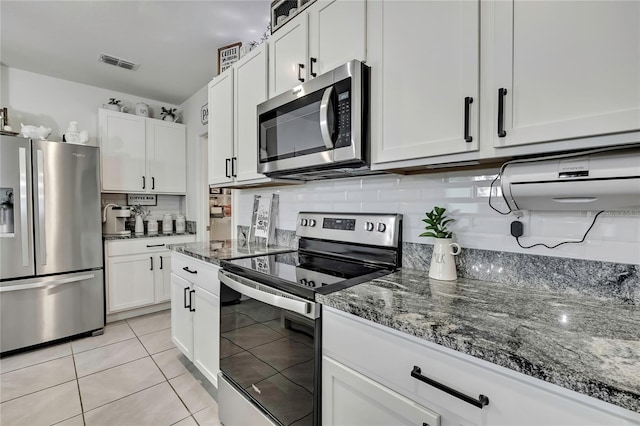kitchen featuring white cabinets, visible vents, decorative backsplash, and appliances with stainless steel finishes