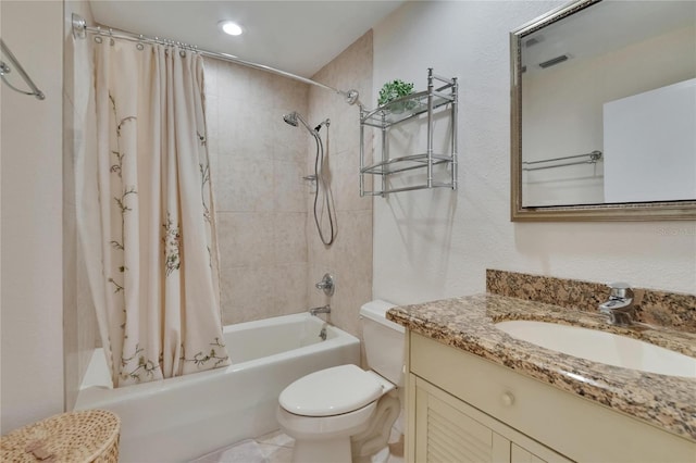 full bath with shower / bathtub combination with curtain, vanity, visible vents, and toilet