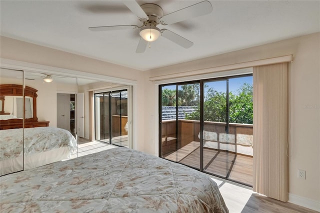 unfurnished bedroom featuring baseboards, light wood-style flooring, access to exterior, and a ceiling fan