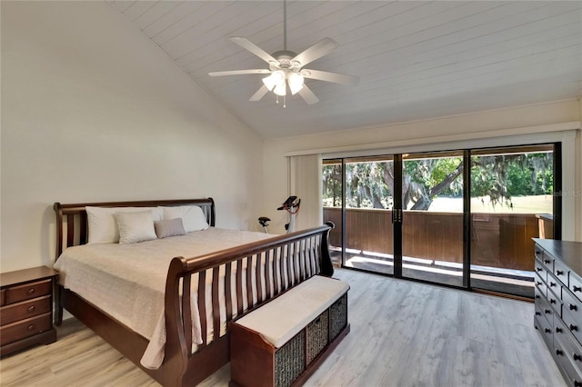 bedroom featuring light wood-style floors, access to exterior, a ceiling fan, and lofted ceiling