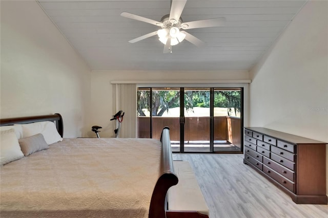bedroom featuring ceiling fan, light wood-type flooring, wood ceiling, access to exterior, and lofted ceiling