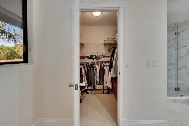 spacious closet featuring carpet flooring