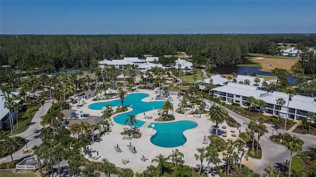 bird's eye view featuring a forest view and a water view