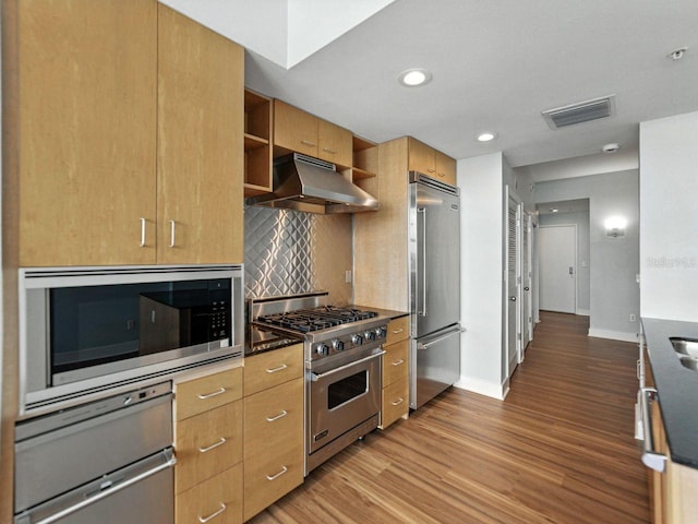 1208 E Kennedy Blvd Unit 1125, Tampa, FL 33602 - kitchen with high end appliances, extractor fan, open shelves, light wood-style flooring, and recessed lighting