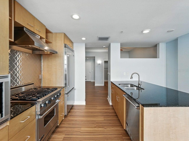 1208 E Kennedy Blvd Unit 1125, Tampa, FL 33602 - kitchen featuring under cabinet range hood, premium appliances, light wood-style flooring, dark stone counters, and tasteful backsplash