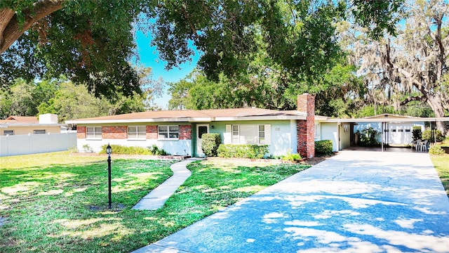 13116 N Oregon Ave, Tampa, FL 33612 - ranch-style home with fence, a chimney, a front yard, and concrete driveway