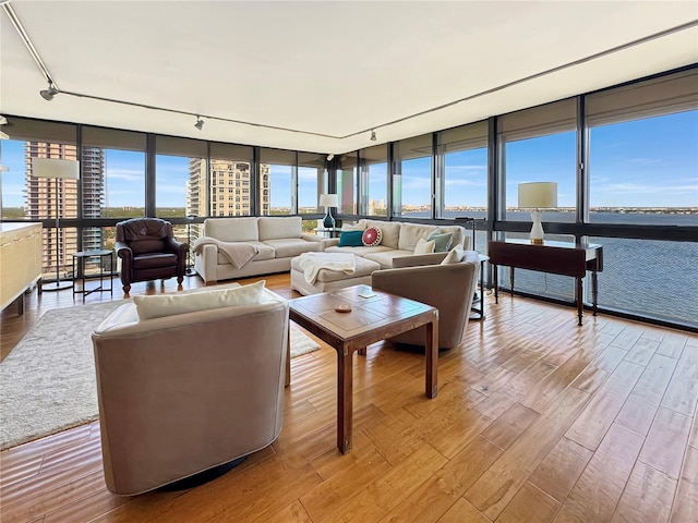 living room featuring rail lighting, wood finished floors, and floor to ceiling windows