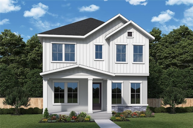 5001 21st Ave N, Saint Petersburg, FL 33710 - modern farmhouse style home with board and batten siding, stone siding, a shingled roof, and covered porch