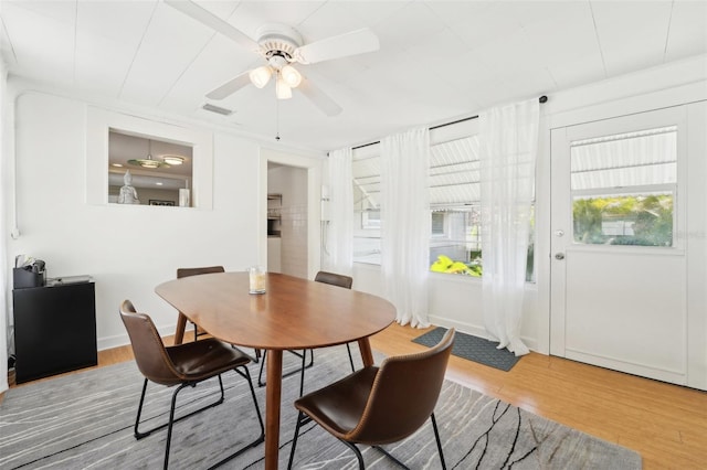 3611 4th Ave N, Saint Petersburg, FL 33713 - dining room featuring visible vents, baseboards, wood finished floors, and ceiling fan