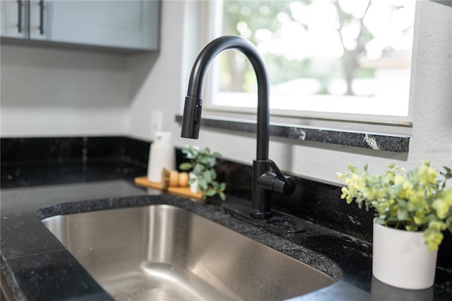 interior details featuring a sink and dark countertops