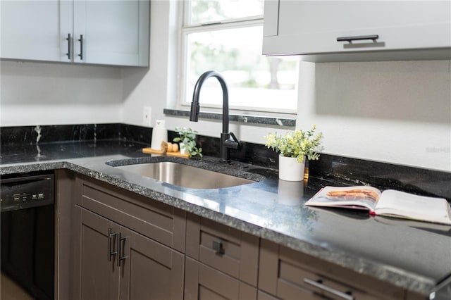 kitchen featuring dark stone countertops, dishwasher, and a sink