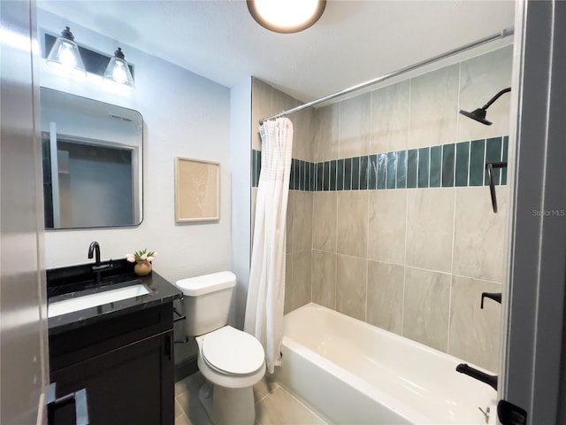 bathroom with shower / bath combo, toilet, and vanity