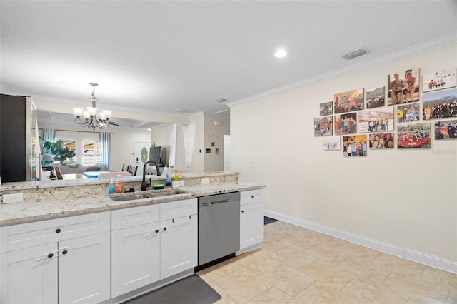 1410 25th St N, Saint Petersburg, FL 33713 - kitchen featuring dishwasher, visible vents, ornamental molding, a sink, and a chandelier