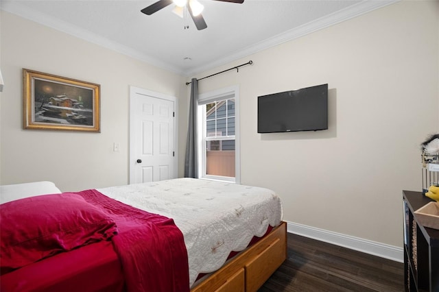 1410 25th St N, Saint Petersburg, FL 33713 - bedroom with ornamental molding, baseboards, dark wood-style flooring, and a ceiling fan