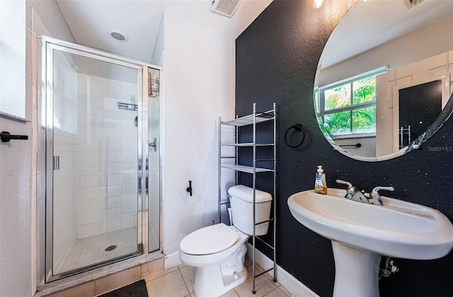 805 100th Ave N, Saint Petersburg, FL 33702 - bathroom with toilet, a shower stall, tile patterned flooring, and a textured wall