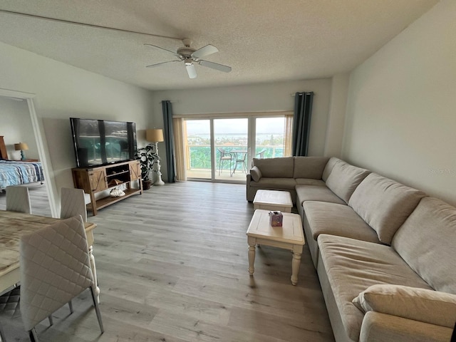 living room featuring ceiling fan, wood finished floors, and a textured ceiling