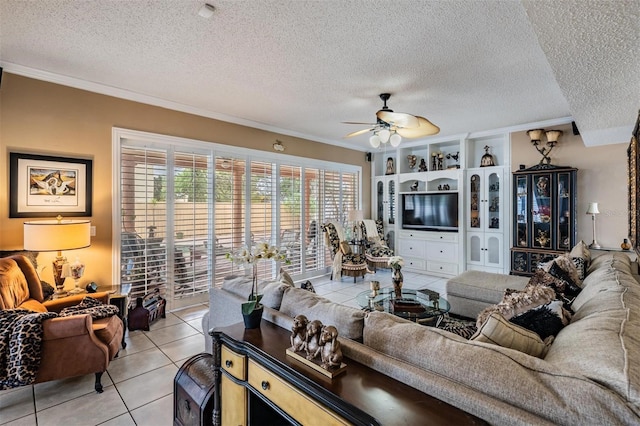 10003 Vista Pointe Dr, Tampa, FL 33635 - living area with light tile patterned floors, ceiling fan, crown molding, and a textured ceiling