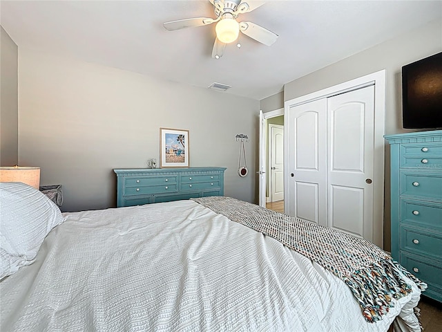 bedroom featuring a closet, visible vents, and ceiling fan