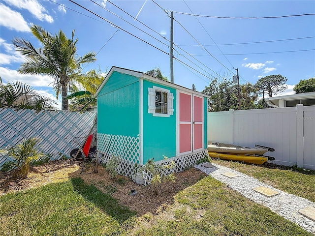 view of shed with a fenced backyard