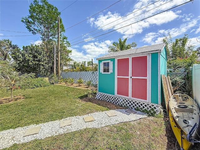 view of shed with a fenced backyard