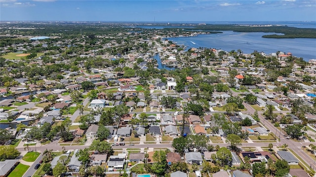 aerial view with a water view and a residential view