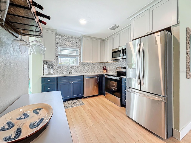 kitchen with visible vents, stainless steel appliances, light wood-style flooring, and a sink