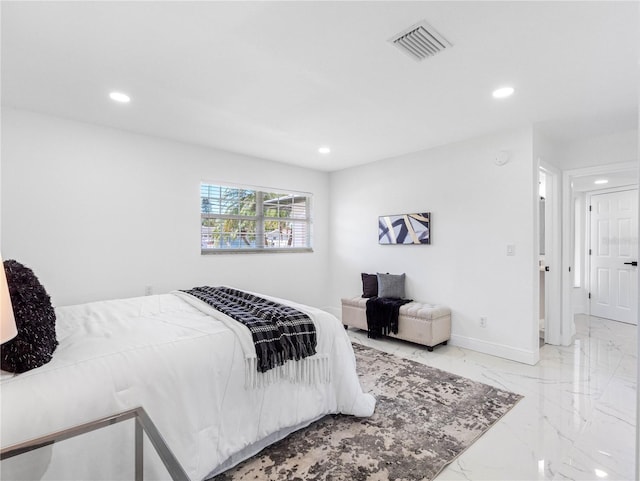 bedroom featuring recessed lighting, visible vents, and marble finish floor