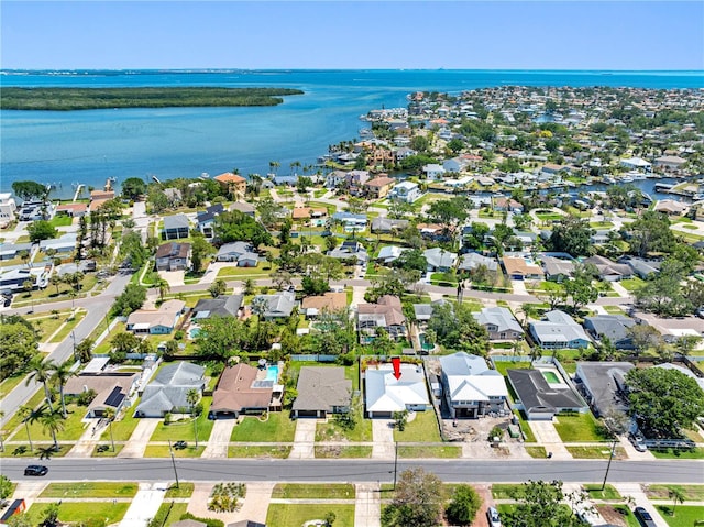 aerial view with a water view and a residential view