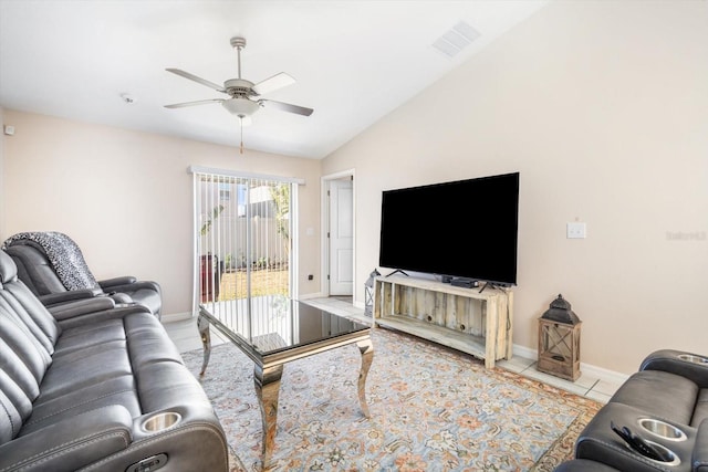 living room with visible vents, baseboards, a ceiling fan, and vaulted ceiling