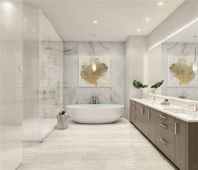 520 N Tampa St Unit 1508, Tampa, FL 33602 - bathroom with a freestanding bath, double vanity, a marble finish shower, and a sink