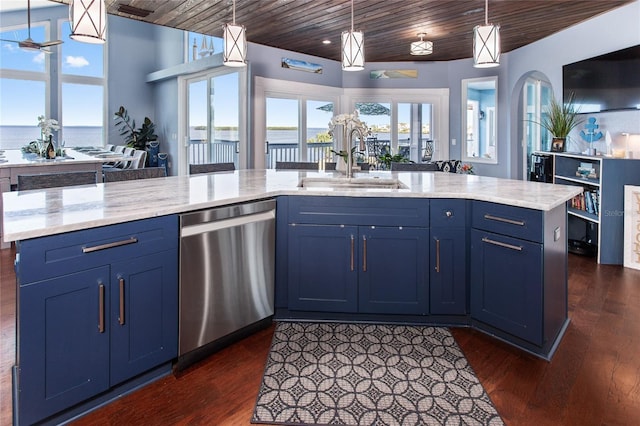 kitchen featuring wood ceiling, blue cabinetry, stainless steel dishwasher, and a sink