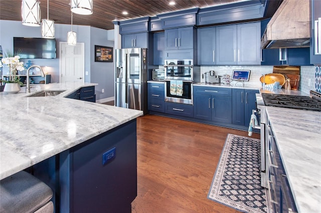 kitchen featuring wooden ceiling, custom exhaust hood, blue cabinetry, appliances with stainless steel finishes, and a sink