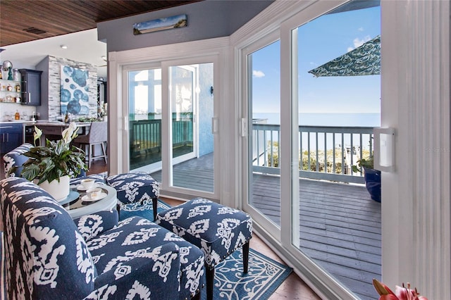 interior space with a water view