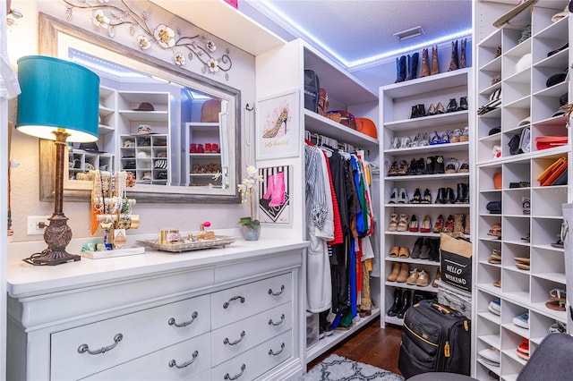 walk in closet with visible vents and dark wood-type flooring