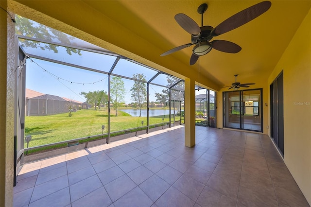336 Silver Falls Dr, Apollo Beach, FL 33572 - unfurnished sunroom featuring a water view and a ceiling fan