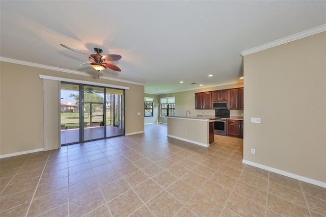 336 Silver Falls Dr, Apollo Beach, FL 33572 - unfurnished living room with crown molding, ceiling fan, and baseboards