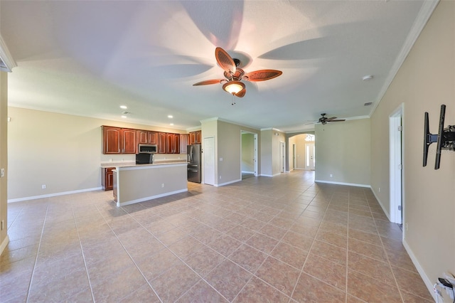 336 Silver Falls Dr, Apollo Beach, FL 33572 - unfurnished living room with baseboards, ornamental molding, recessed lighting, light tile patterned floors, and a ceiling fan