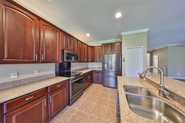 336 Silver Falls Dr, Apollo Beach, FL 33572 - kitchen with dark brown cabinets, ornamental molding, appliances with stainless steel finishes, light stone counters, and a sink