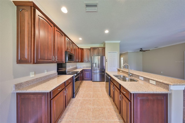 336 Silver Falls Dr, Apollo Beach, FL 33572 - kitchen with visible vents, a sink, appliances with stainless steel finishes, a ceiling fan, and crown molding