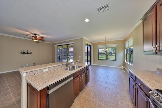 336 Silver Falls Dr, Apollo Beach, FL 33572 - kitchen with visible vents, a sink, ornamental molding, stainless steel appliances, and light tile patterned flooring