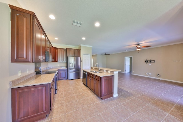 336 Silver Falls Dr, Apollo Beach, FL 33572 - kitchen featuring stainless steel appliances, a sink, crown molding, and ceiling fan