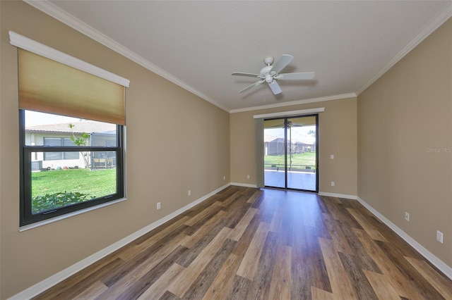 336 Silver Falls Dr, Apollo Beach, FL 33572 - spare room with baseboards, crown molding, a ceiling fan, and wood finished floors