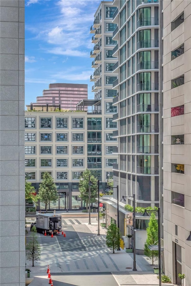 view of building exterior with a city view