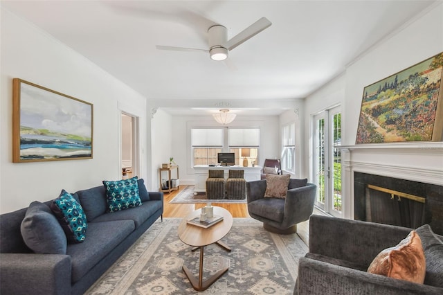 living room with ceiling fan, wood finished floors, and a fireplace