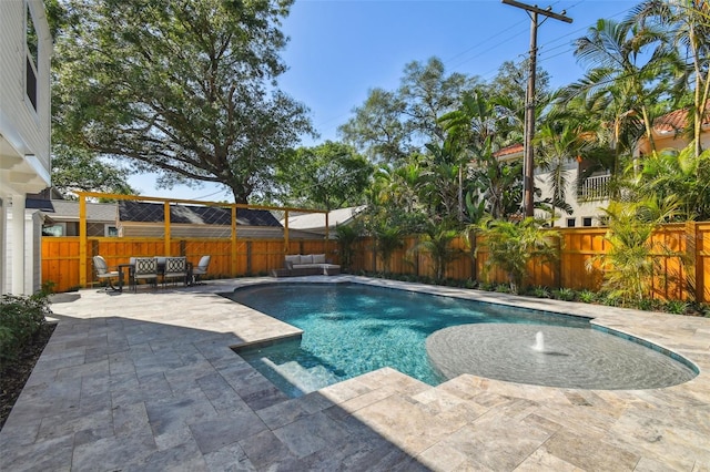 view of swimming pool with an outdoor living space, a patio, a fenced backyard, and a fenced in pool